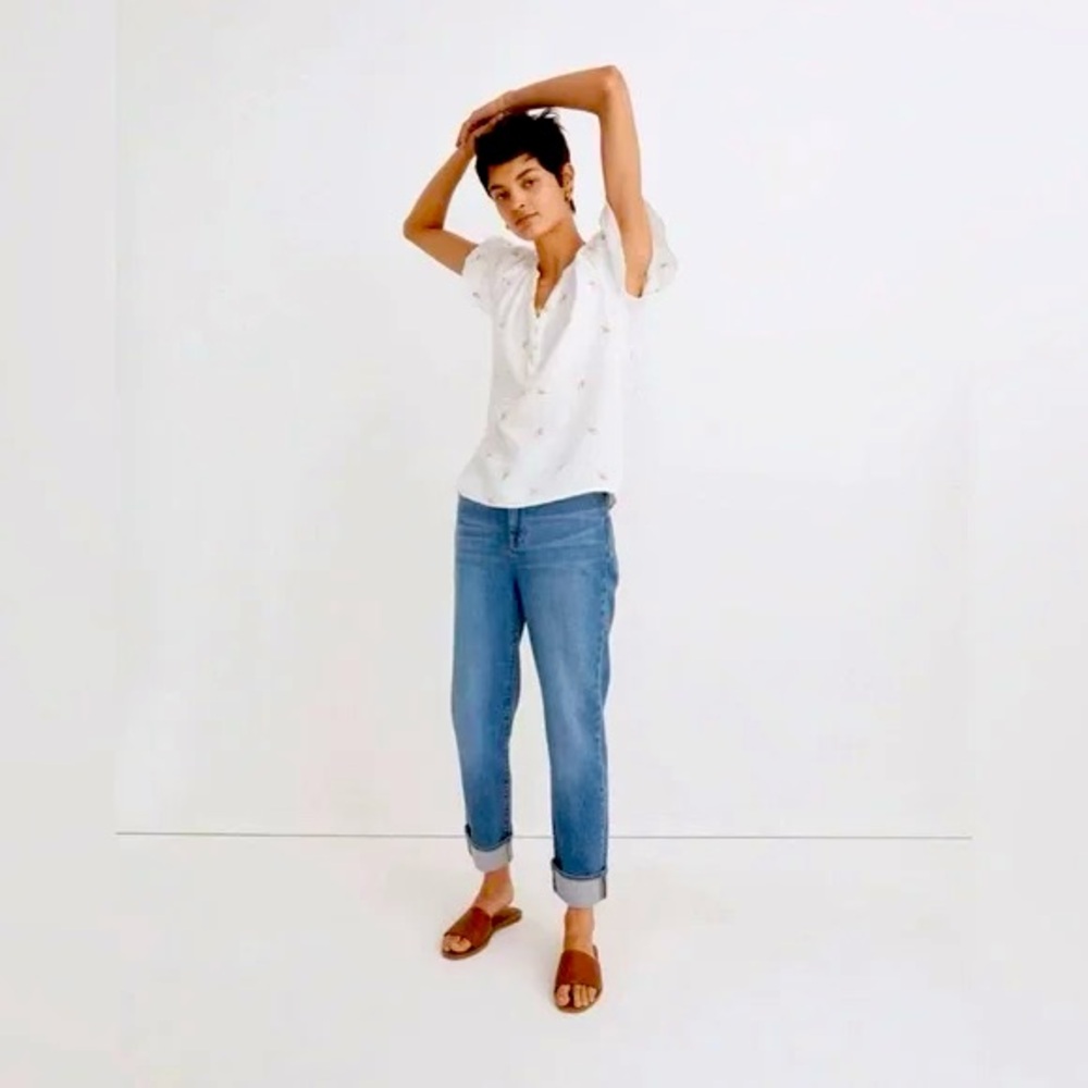 Madewell Embroidered Lightspun Ruffle-Sleeve Henley Top